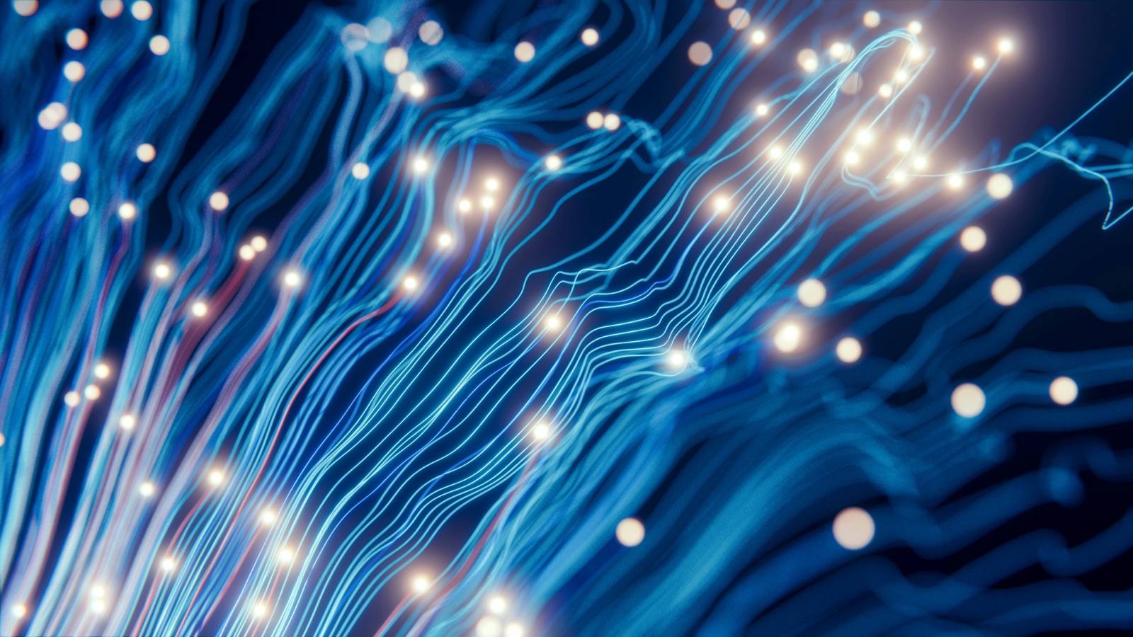 Abstract flowing blue data streams with glowing nodes representing connected information flow