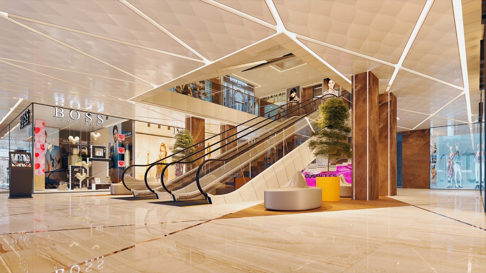 Upscale shopping mall interior with escalators and storefronts