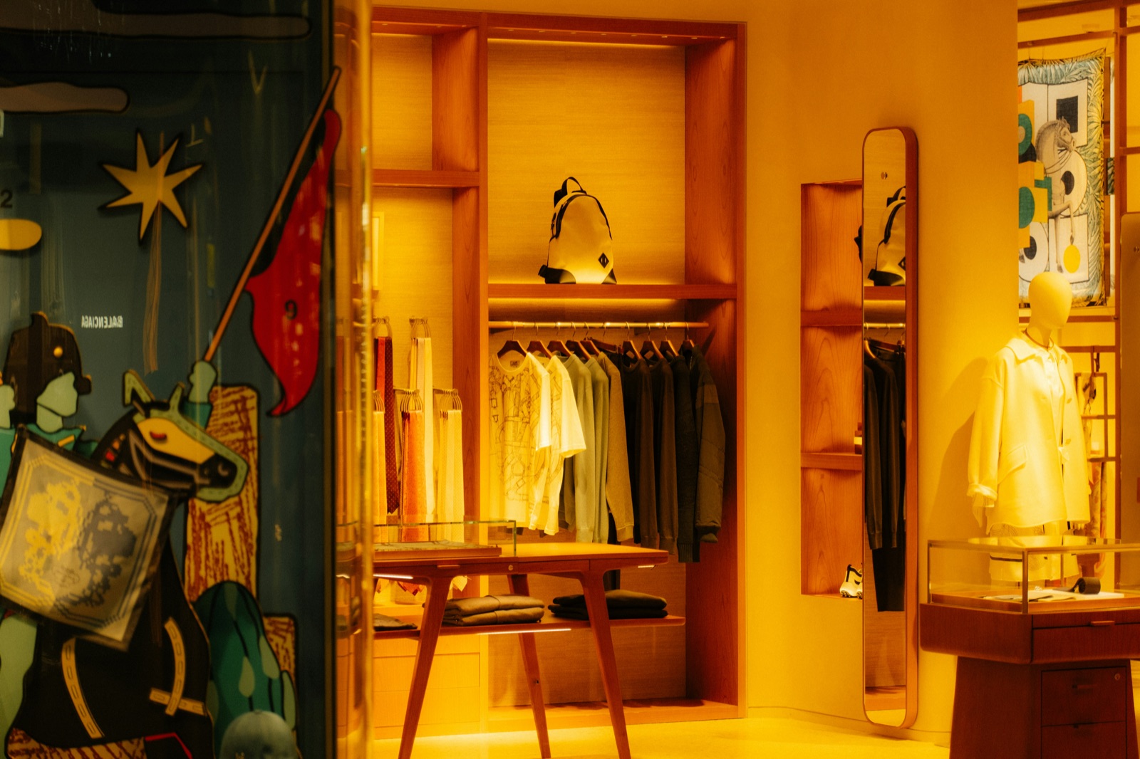 Warm-lit clothing boutique interior with garment racks and display shelves