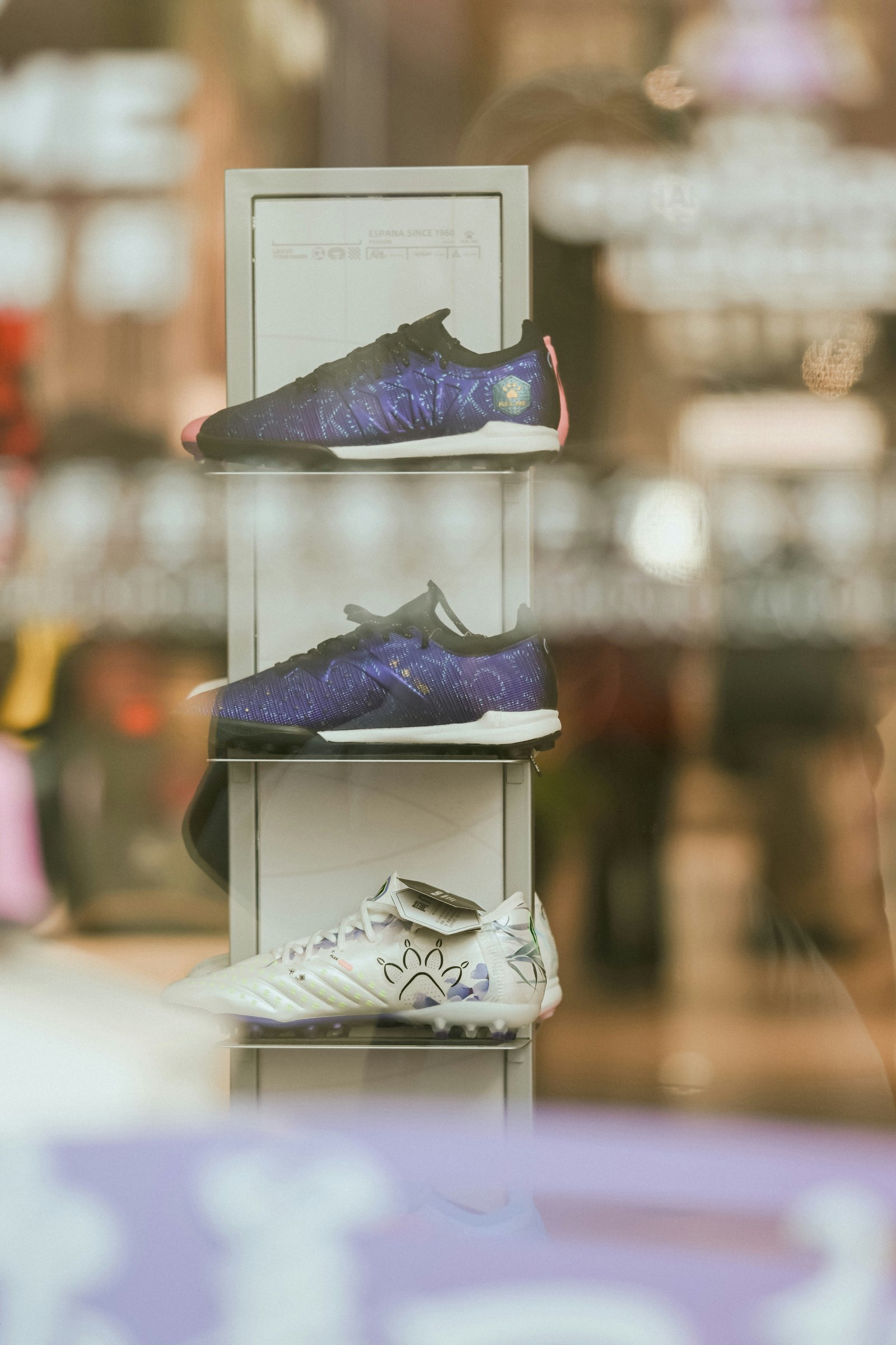 Athletic shoes displayed on shelves in a sporting goods store
